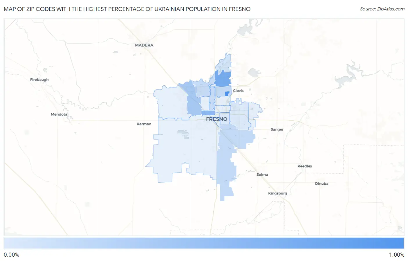 Zip Codes with the Highest Percentage of Ukrainian Population in Fresno Map