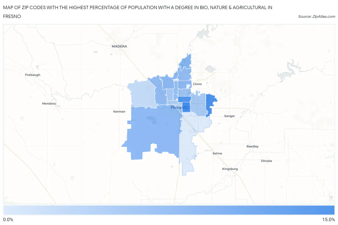 Zip Codes with the Highest Percentage of Population with a Degree in Bio, Nature & Agricultural in Fresno Map