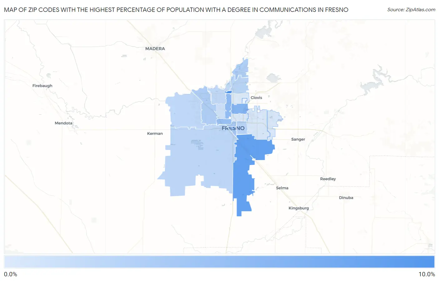 Zip Codes with the Highest Percentage of Population with a Degree in Communications in Fresno Map