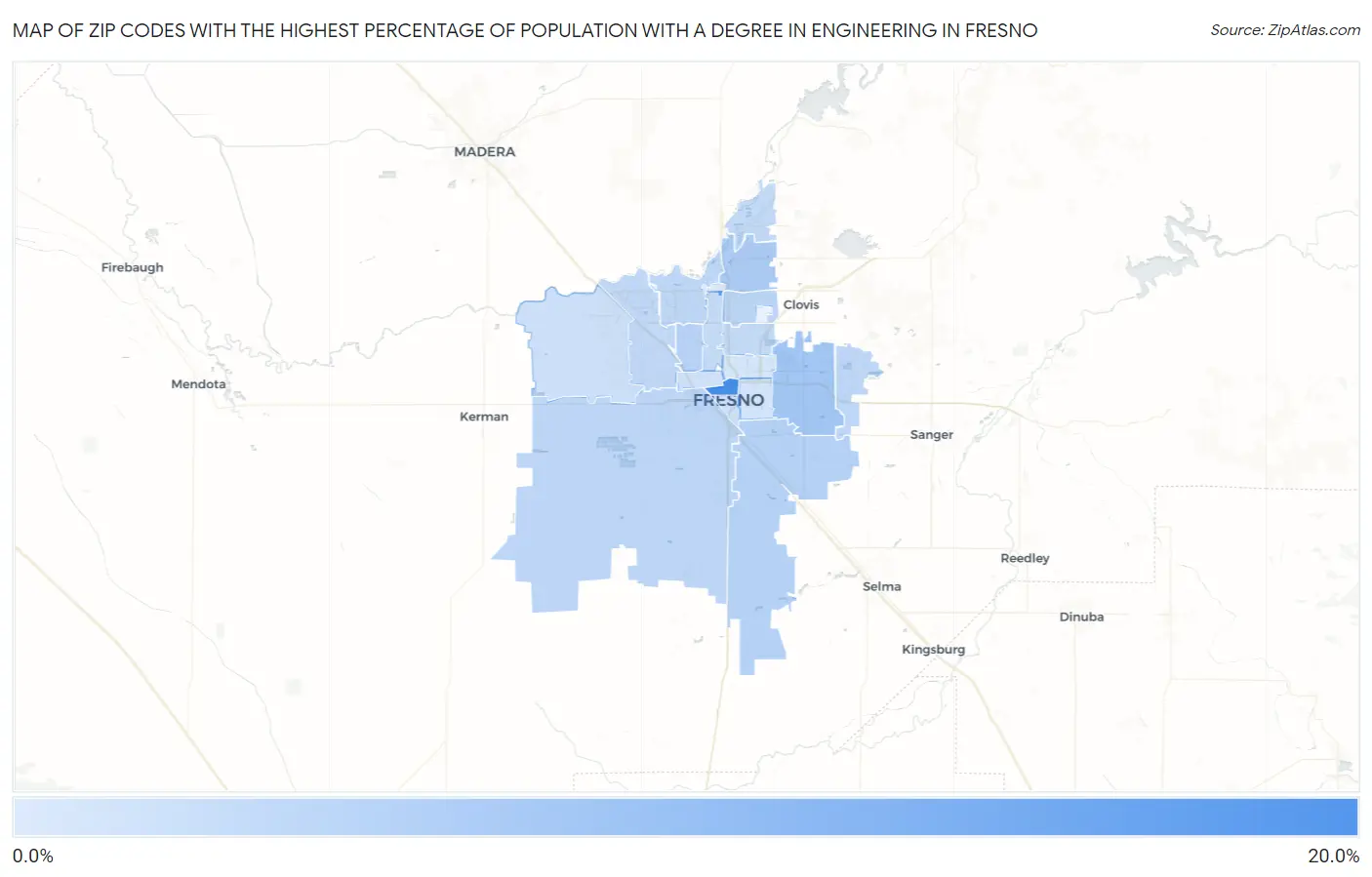 Zip Codes with the Highest Percentage of Population with a Degree in Engineering in Fresno Map