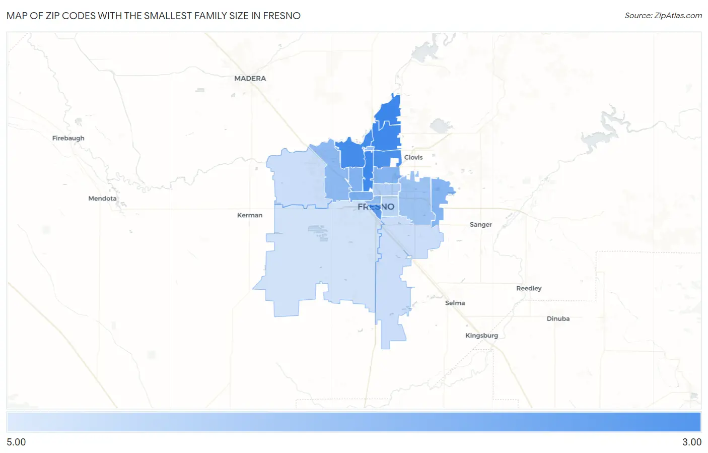 Zip Codes with the Smallest Family Size in Fresno Map