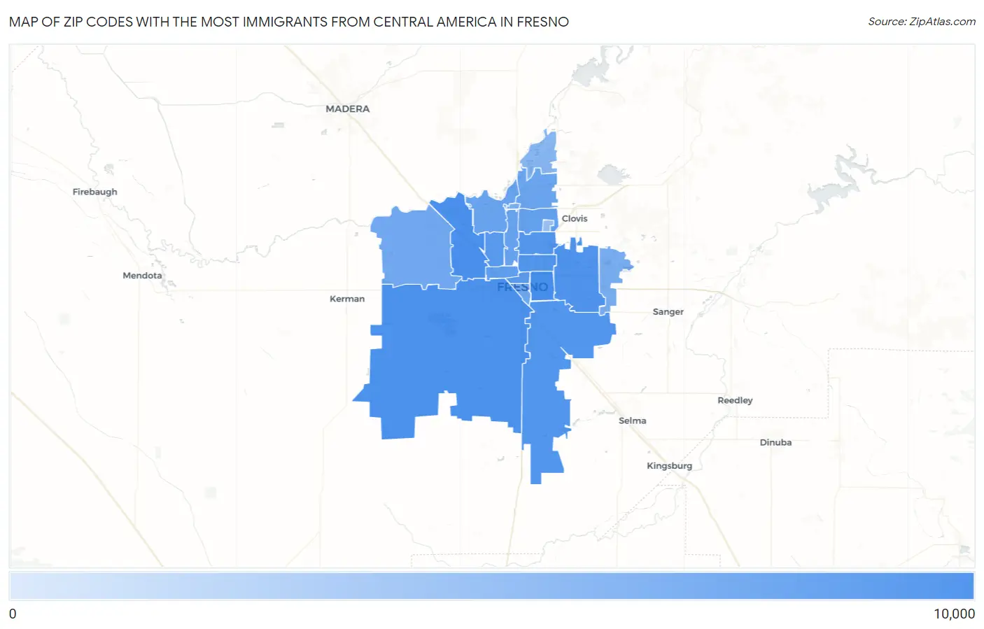 Zip Codes with the Most Immigrants from Central America in Fresno Map