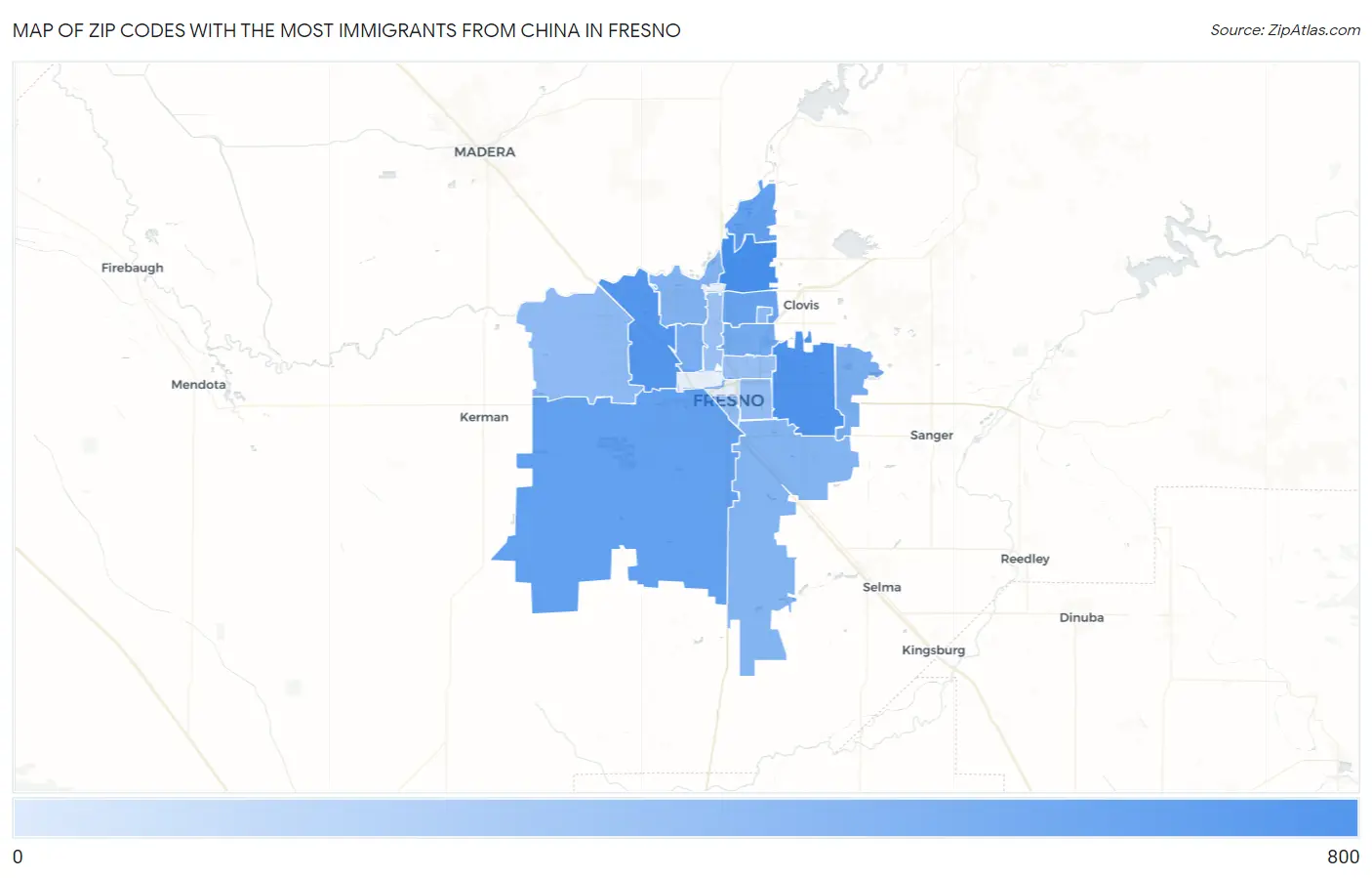 Zip Codes with the Most Immigrants from China in Fresno Map