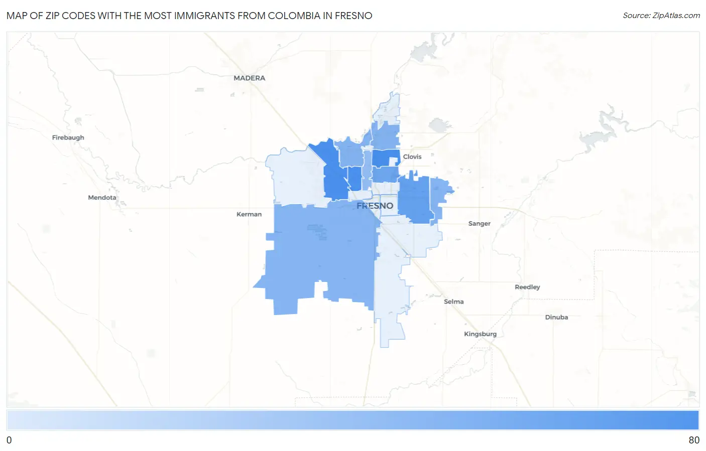 Zip Codes with the Most Immigrants from Colombia in Fresno Map