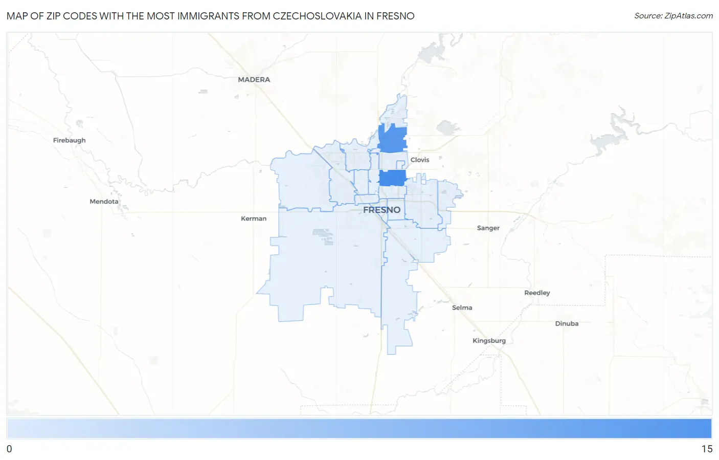 Zip Codes with the Most Immigrants from Czechoslovakia in Fresno Map
