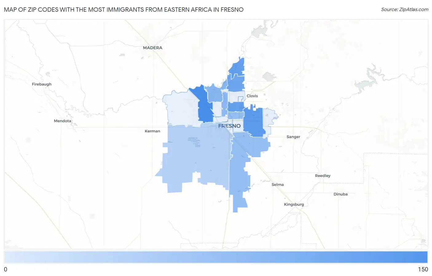 Zip Codes with the Most Immigrants from Eastern Africa in Fresno Map
