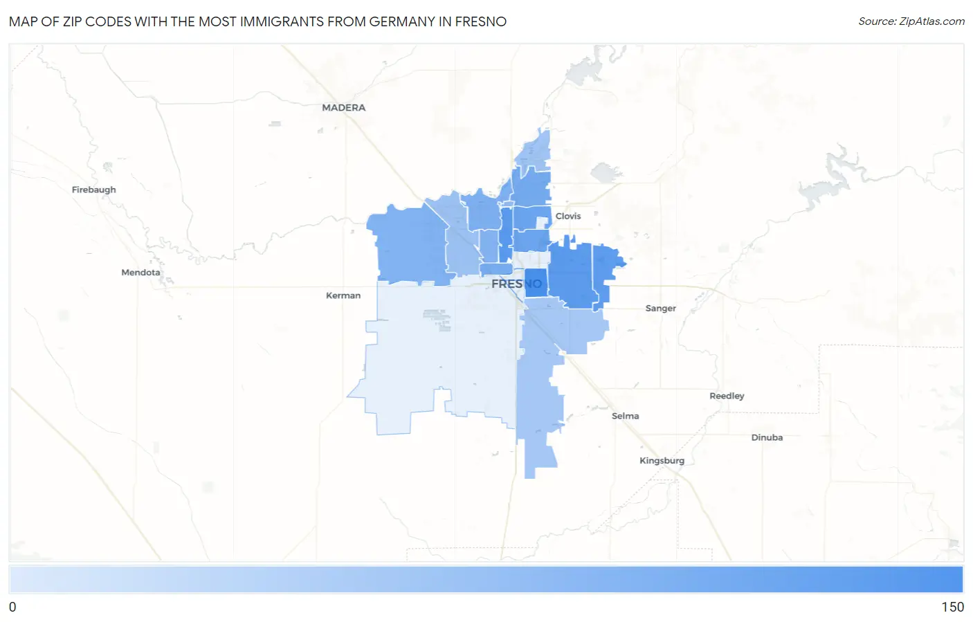 Zip Codes with the Most Immigrants from Germany in Fresno Map