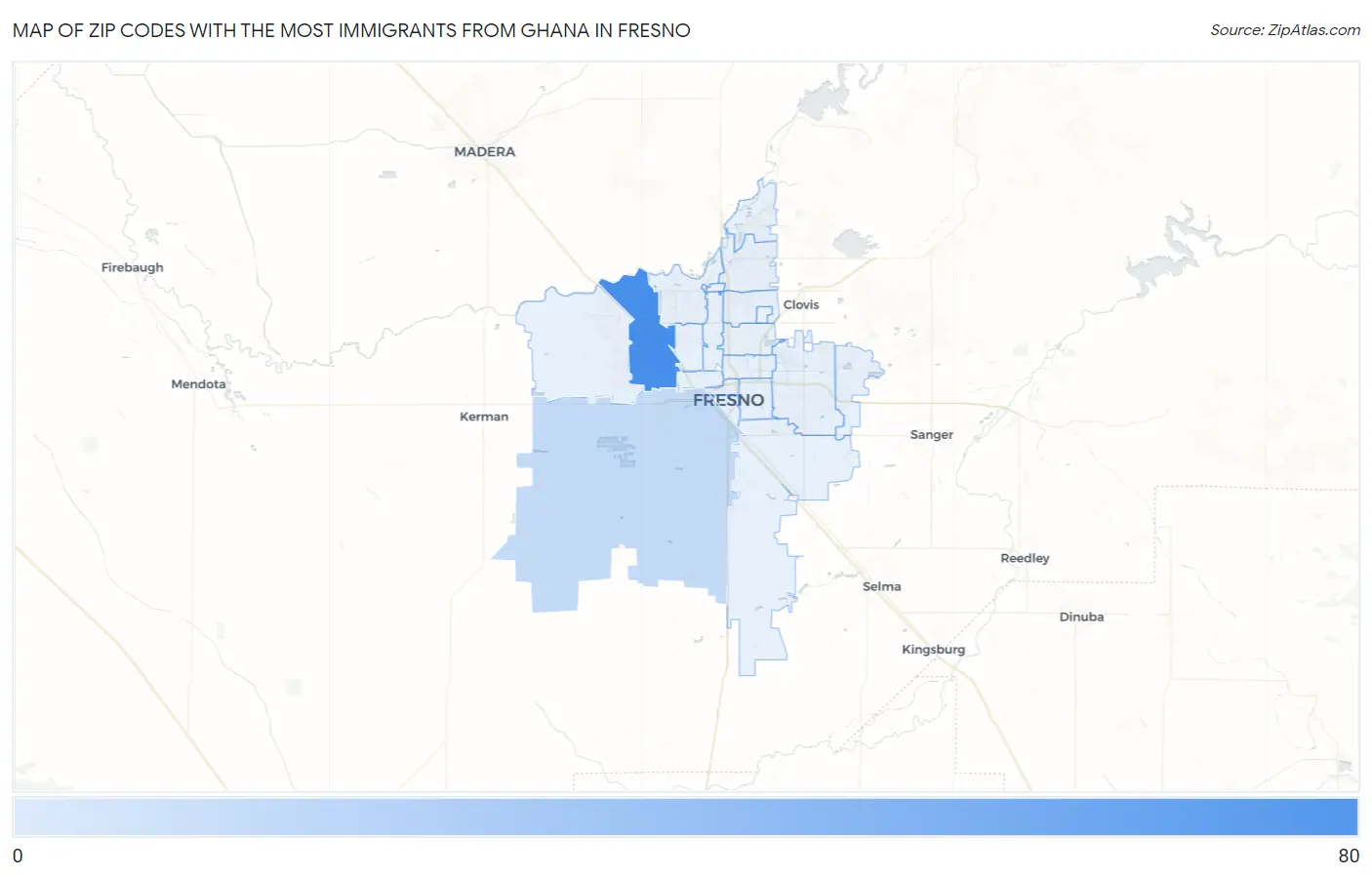 Zip Codes with the Most Immigrants from Ghana in Fresno Map