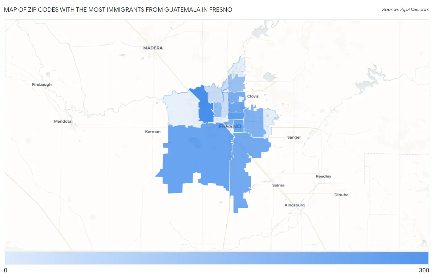 Zip Codes with the Most Immigrants from Guatemala in Fresno Map
