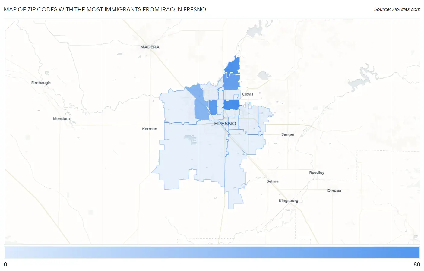 Zip Codes with the Most Immigrants from Iraq in Fresno Map