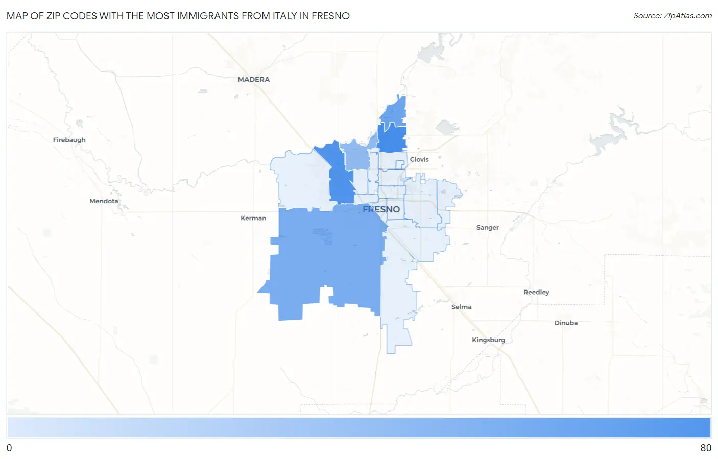 Zip Codes with the Most Immigrants from Italy in Fresno Map