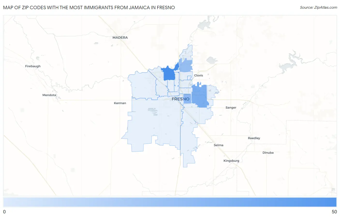 Zip Codes with the Most Immigrants from Jamaica in Fresno Map