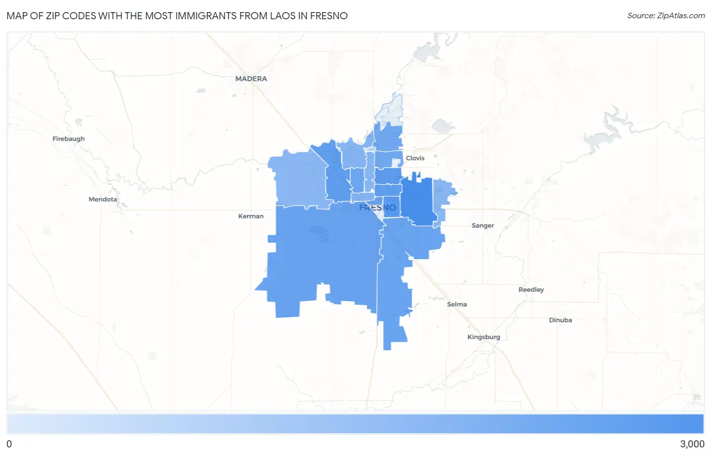 Zip Codes with the Most Immigrants from Laos in Fresno Map