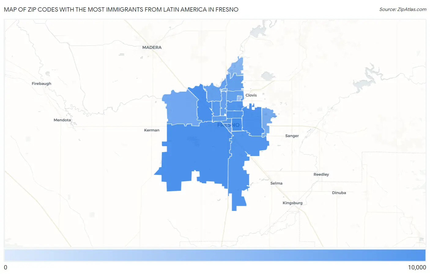 Zip Codes with the Most Immigrants from Latin America in Fresno Map