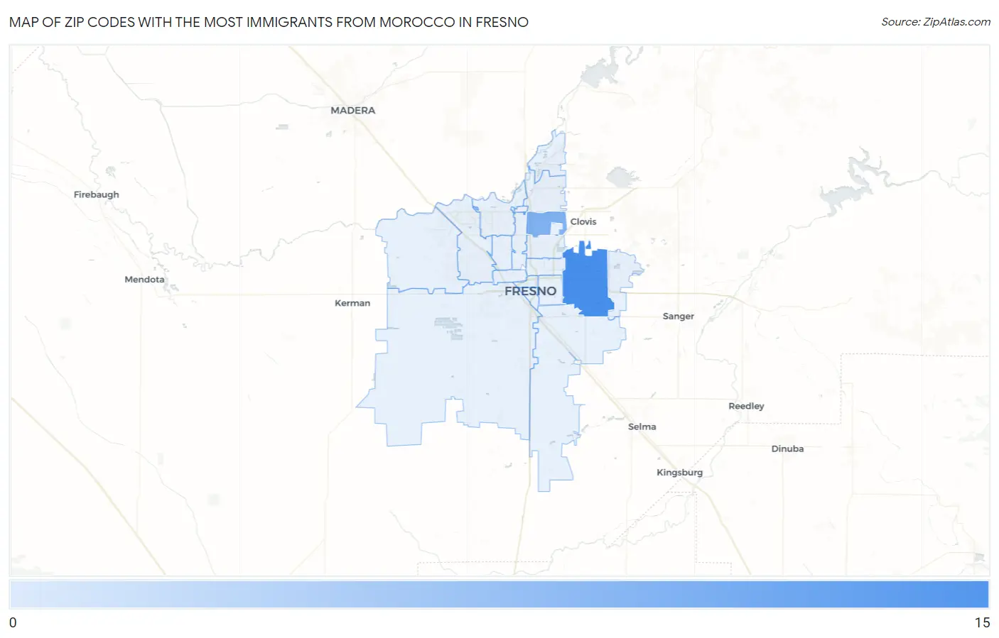 Zip Codes with the Most Immigrants from Morocco in Fresno Map