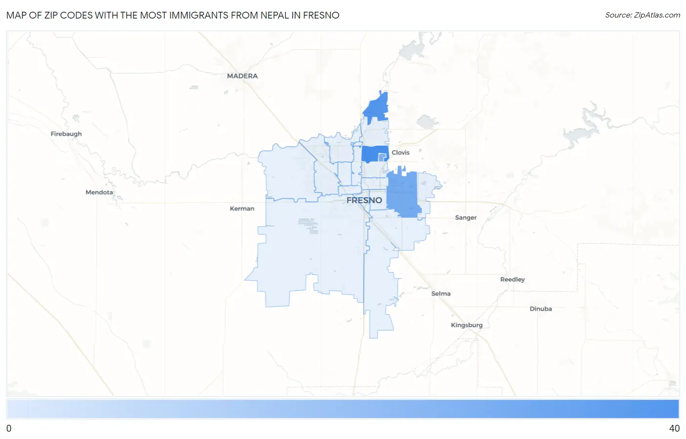 Zip Codes with the Most Immigrants from Nepal in Fresno Map