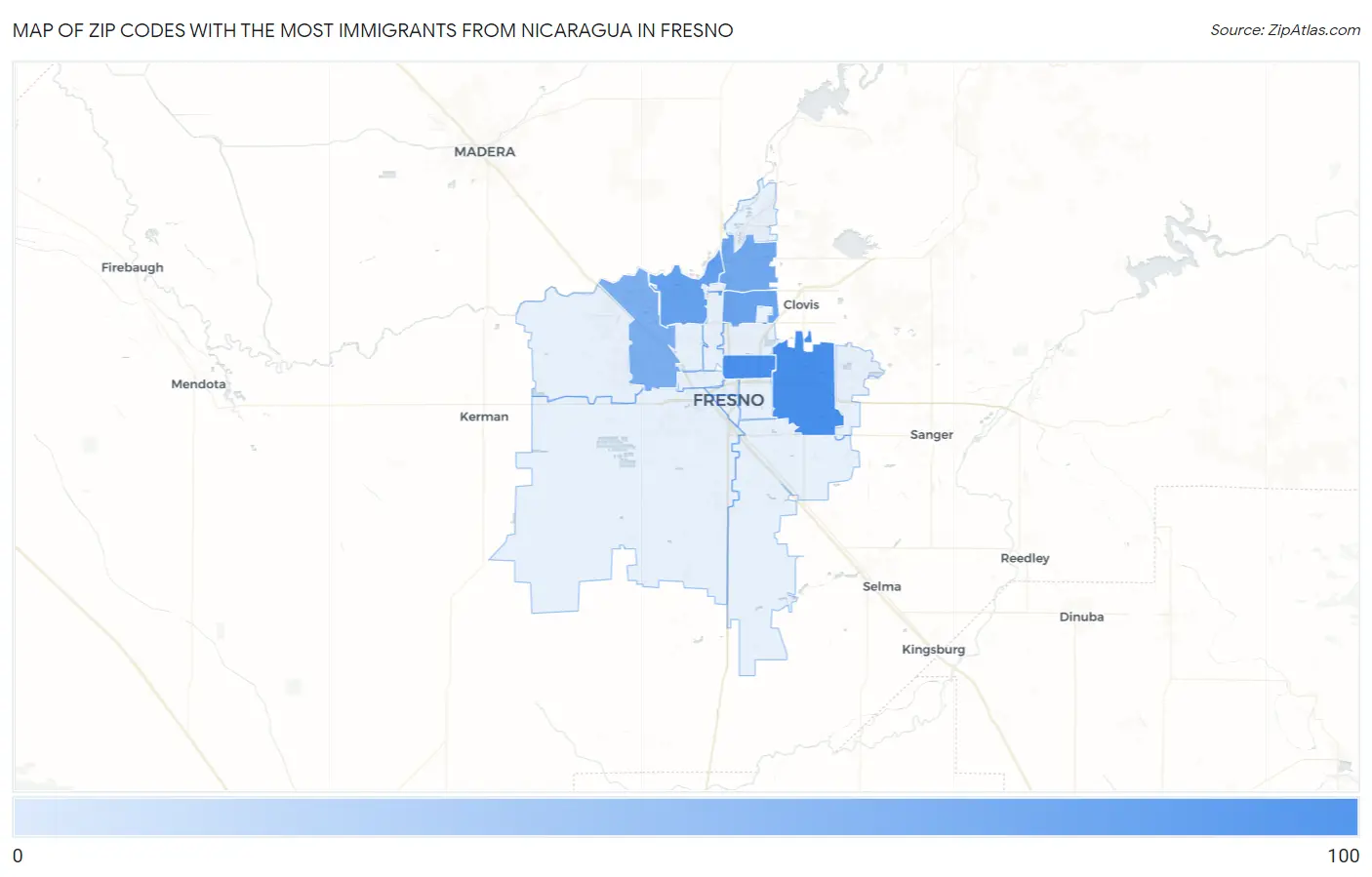 Zip Codes with the Most Immigrants from Nicaragua in Fresno Map