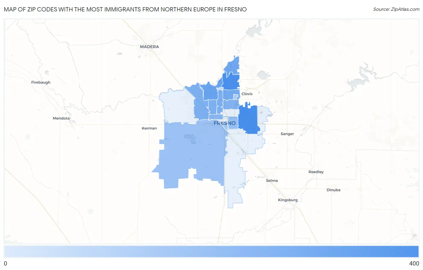 Zip Codes with the Most Immigrants from Northern Europe in Fresno Map