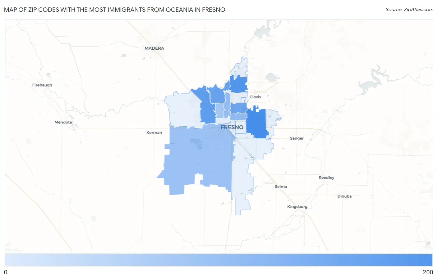 Zip Codes with the Most Immigrants from Oceania in Fresno Map
