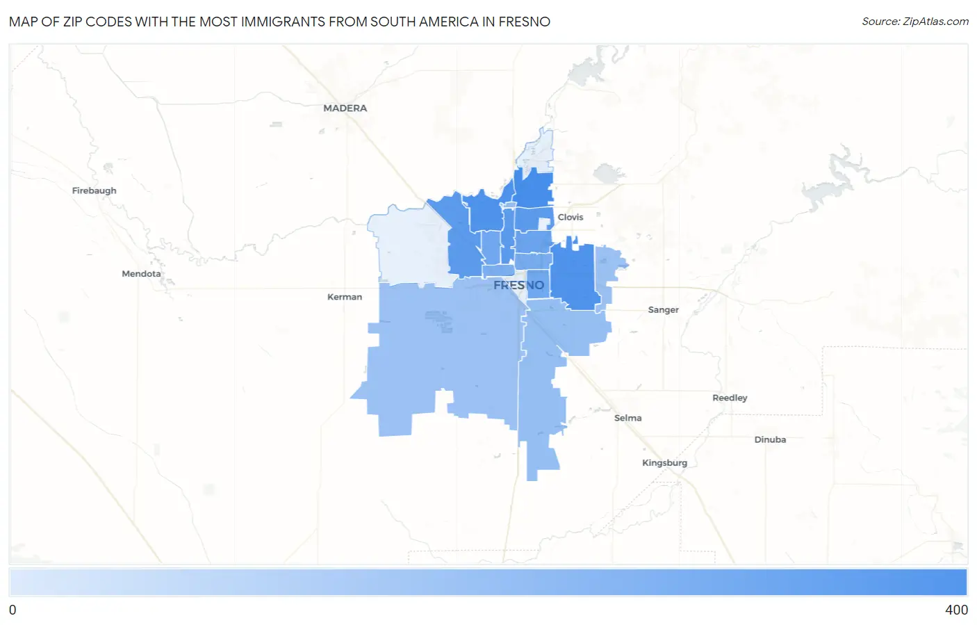 Zip Codes with the Most Immigrants from South America in Fresno Map
