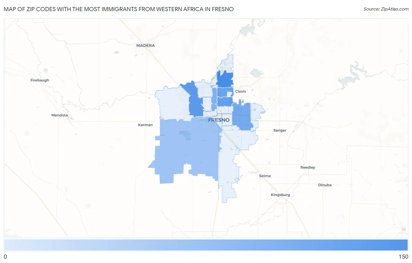 Zip Codes with the Most Immigrants from Western Africa in Fresno Map