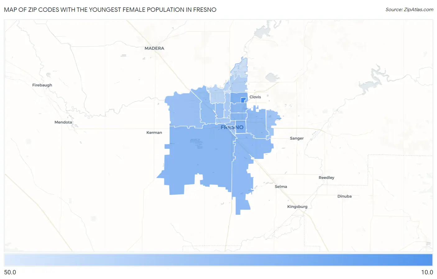 Zip Codes with the Youngest Female Population in Fresno Map