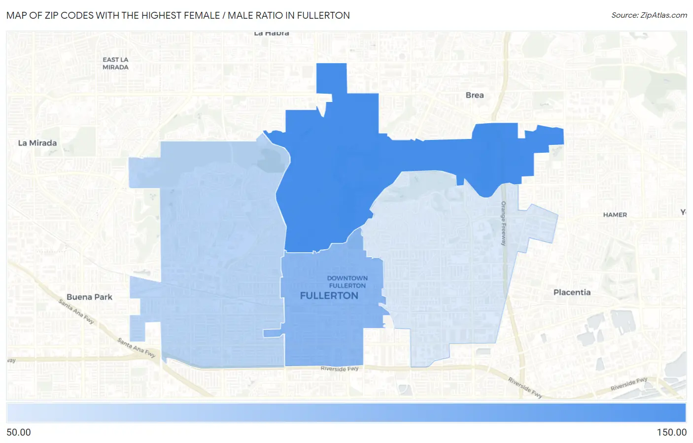 Zip Codes with the Highest Female / Male Ratio in Fullerton Map