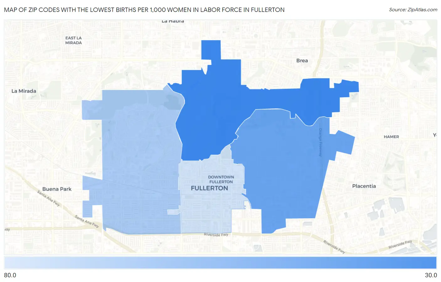 Zip Codes with the Lowest Births per 1,000 Women in Labor Force in Fullerton Map