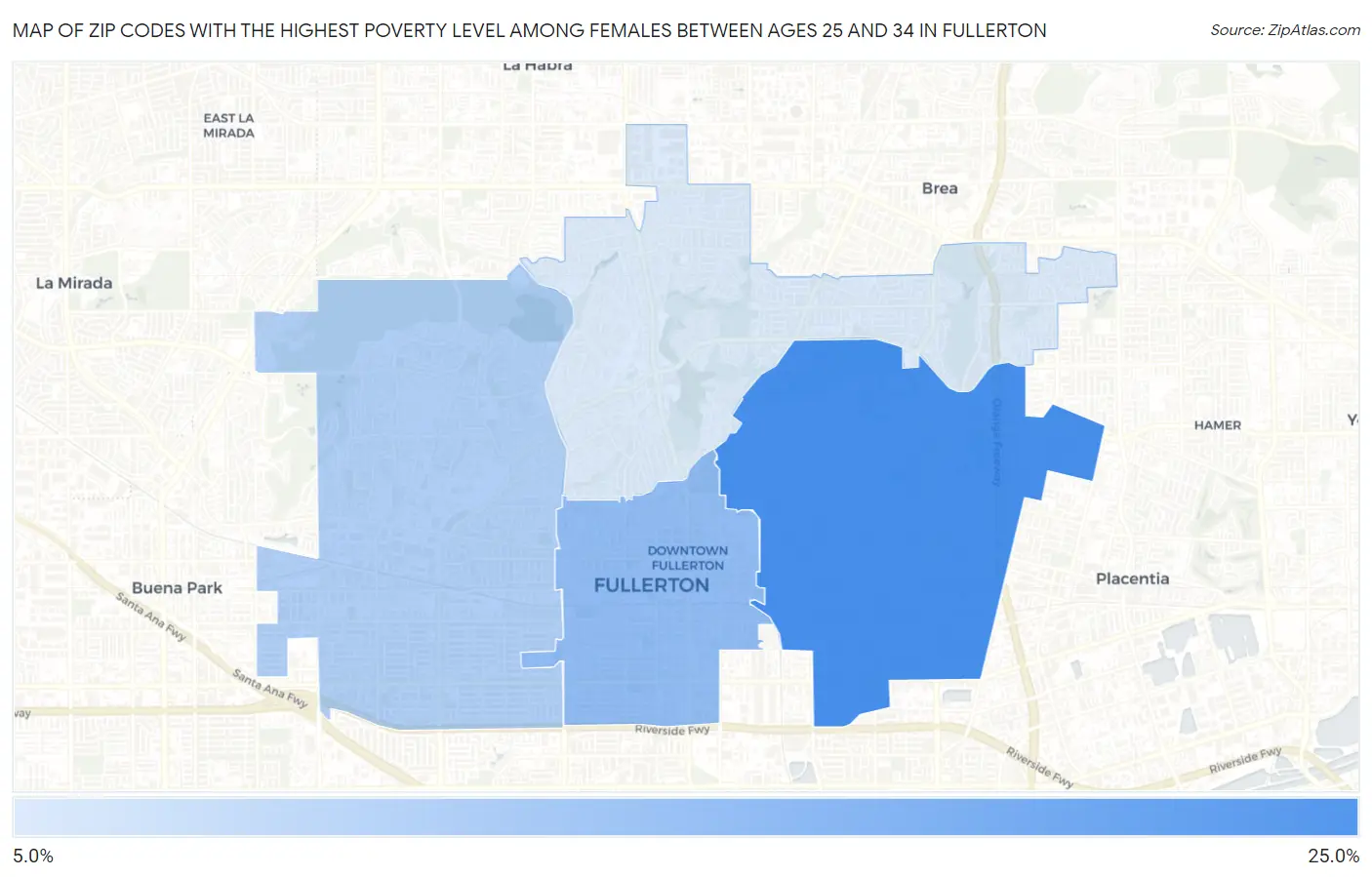 Zip Codes with the Highest Poverty Level Among Females Between Ages 25 and 34 in Fullerton Map