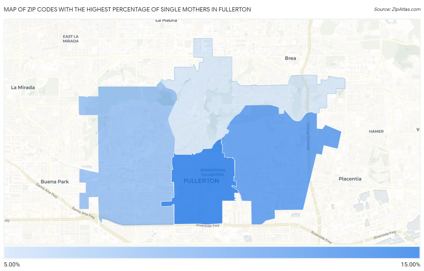 Zip Codes with the Highest Percentage of Single Mothers in Fullerton Map