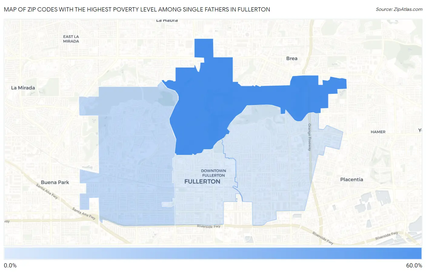 Zip Codes with the Highest Poverty Level Among Single Fathers in Fullerton Map