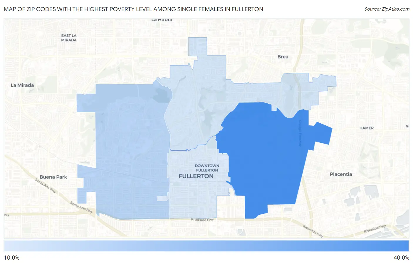 Zip Codes with the Highest Poverty Level Among Single Females in Fullerton Map