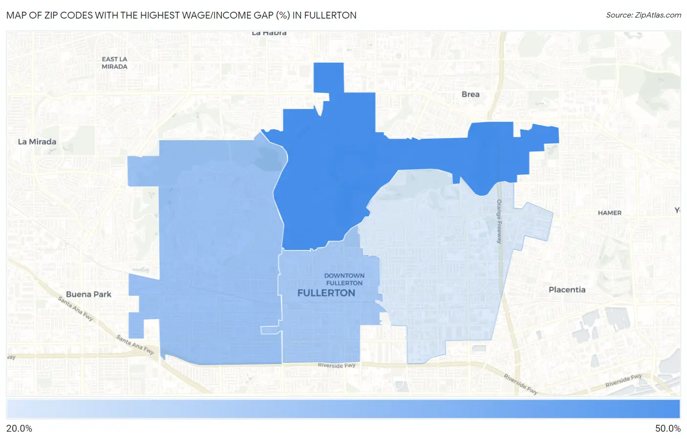 Zip Codes with the Highest Wage/Income Gap (%) in Fullerton Map