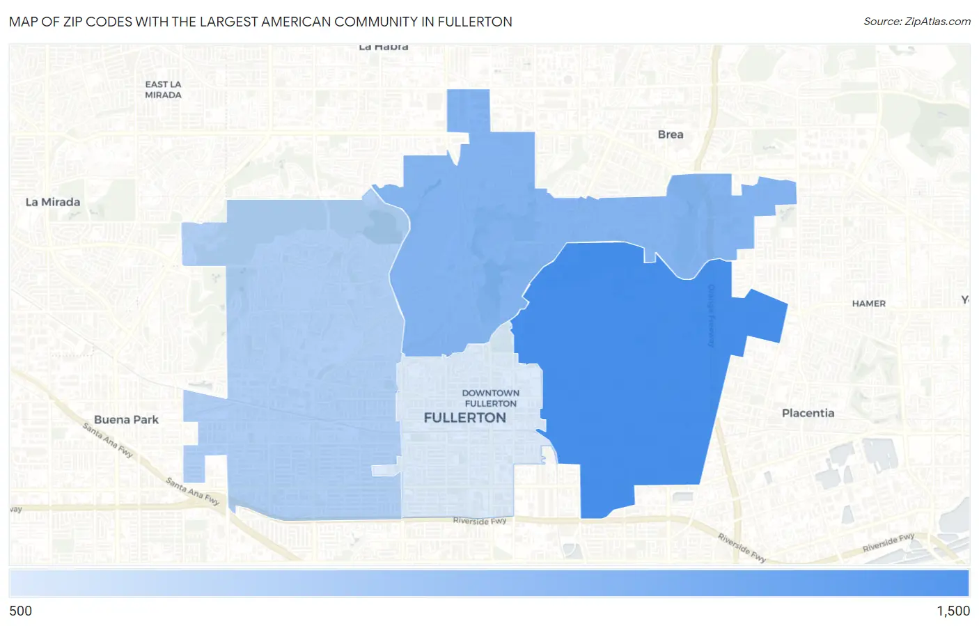 Zip Codes with the Largest American Community in Fullerton Map