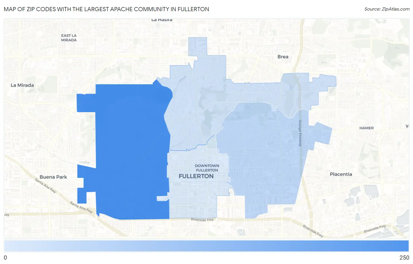 Zip Codes with the Largest Apache Community in Fullerton Map