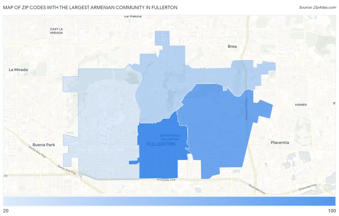 Zip Codes with the Largest Armenian Community in Fullerton Map