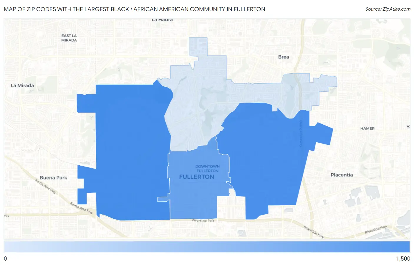 Zip Codes with the Largest Black / African American Community in Fullerton Map