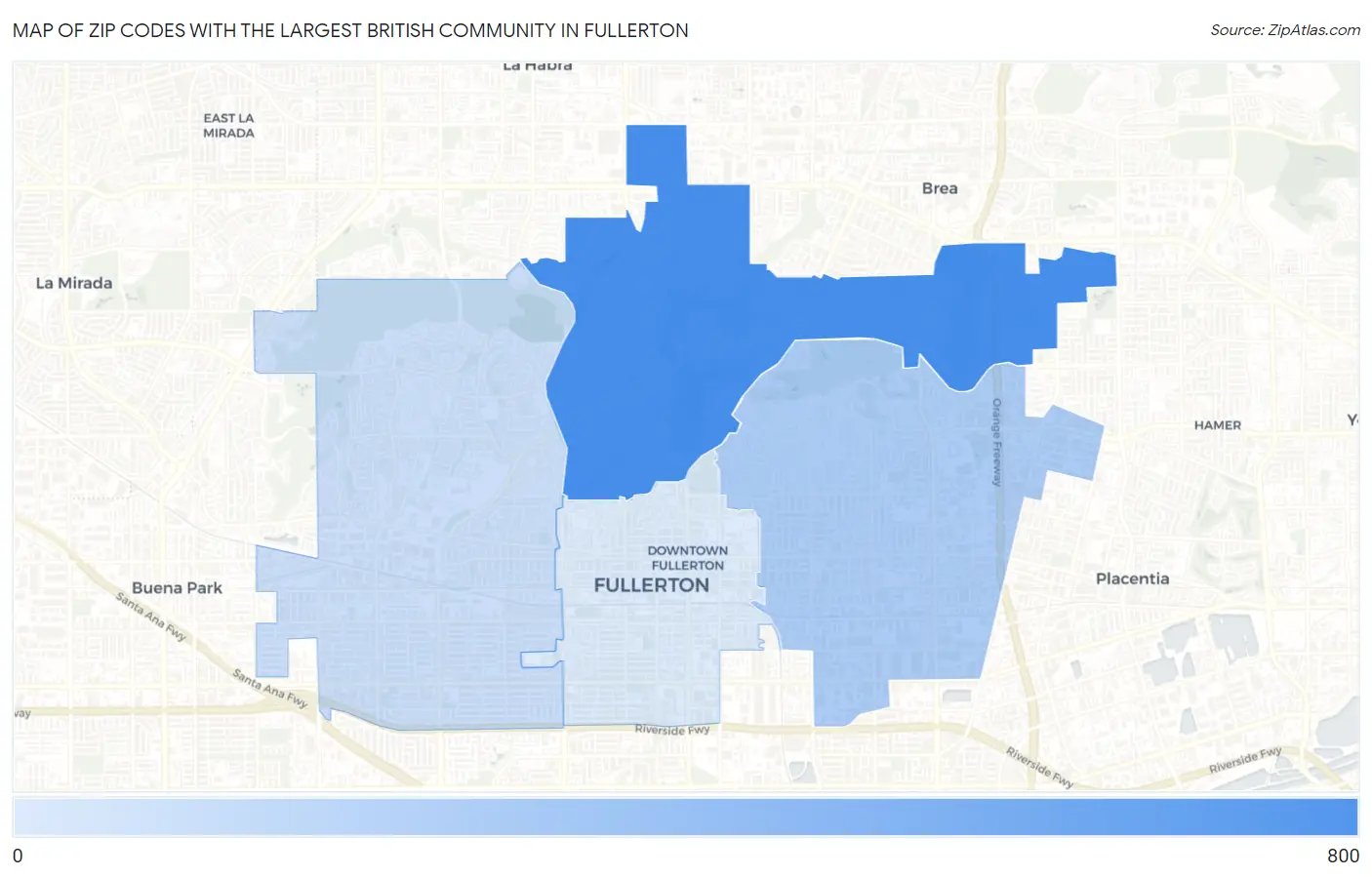 Zip Codes with the Largest British Community in Fullerton Map