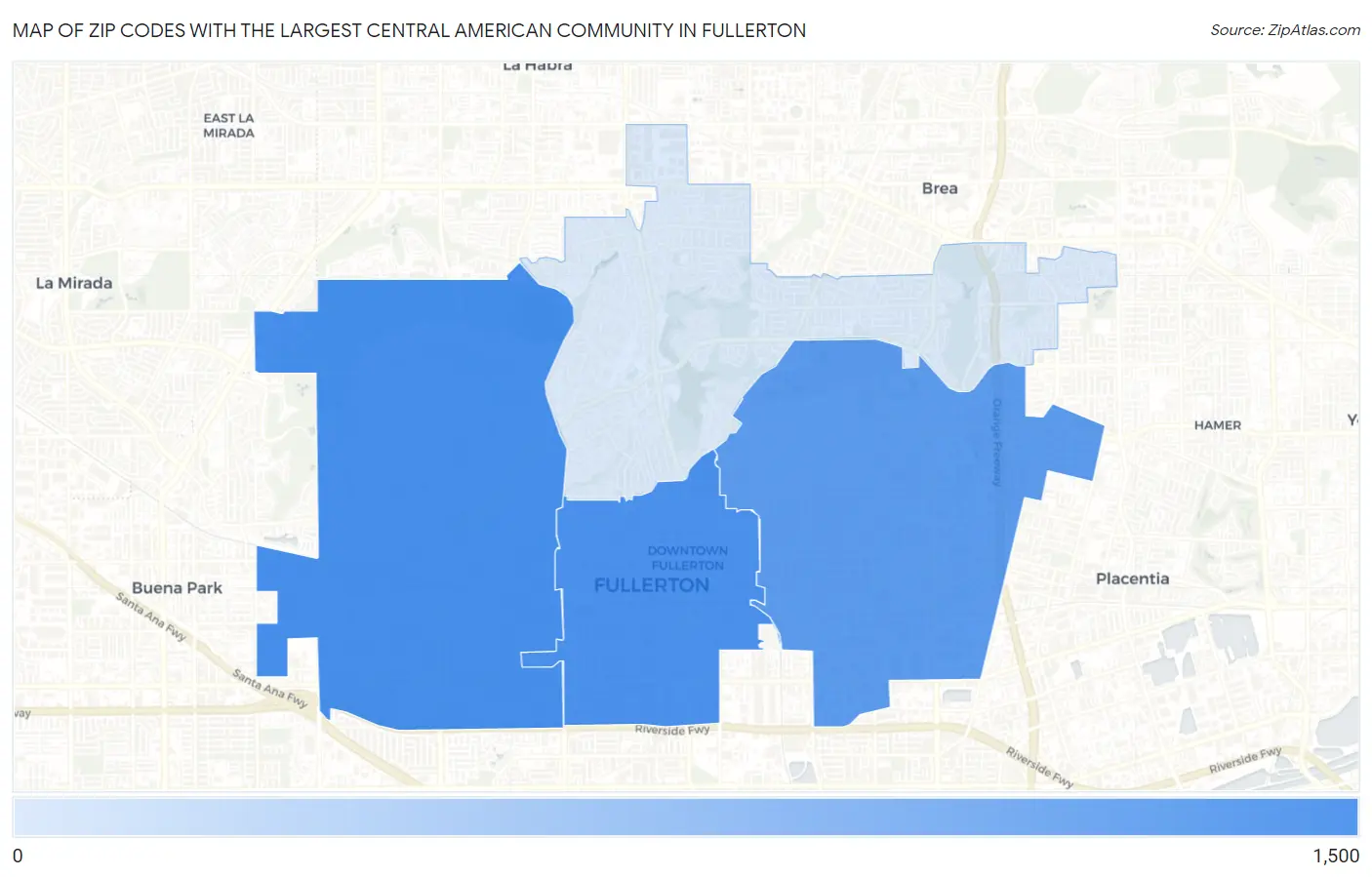 Zip Codes with the Largest Central American Community in Fullerton Map
