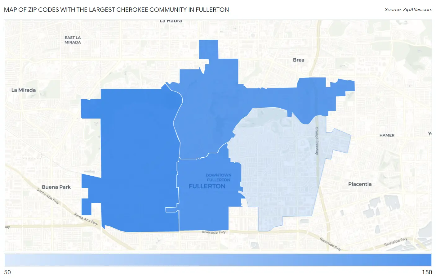 Zip Codes with the Largest Cherokee Community in Fullerton Map