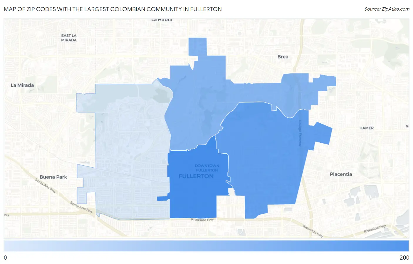 Zip Codes with the Largest Colombian Community in Fullerton Map