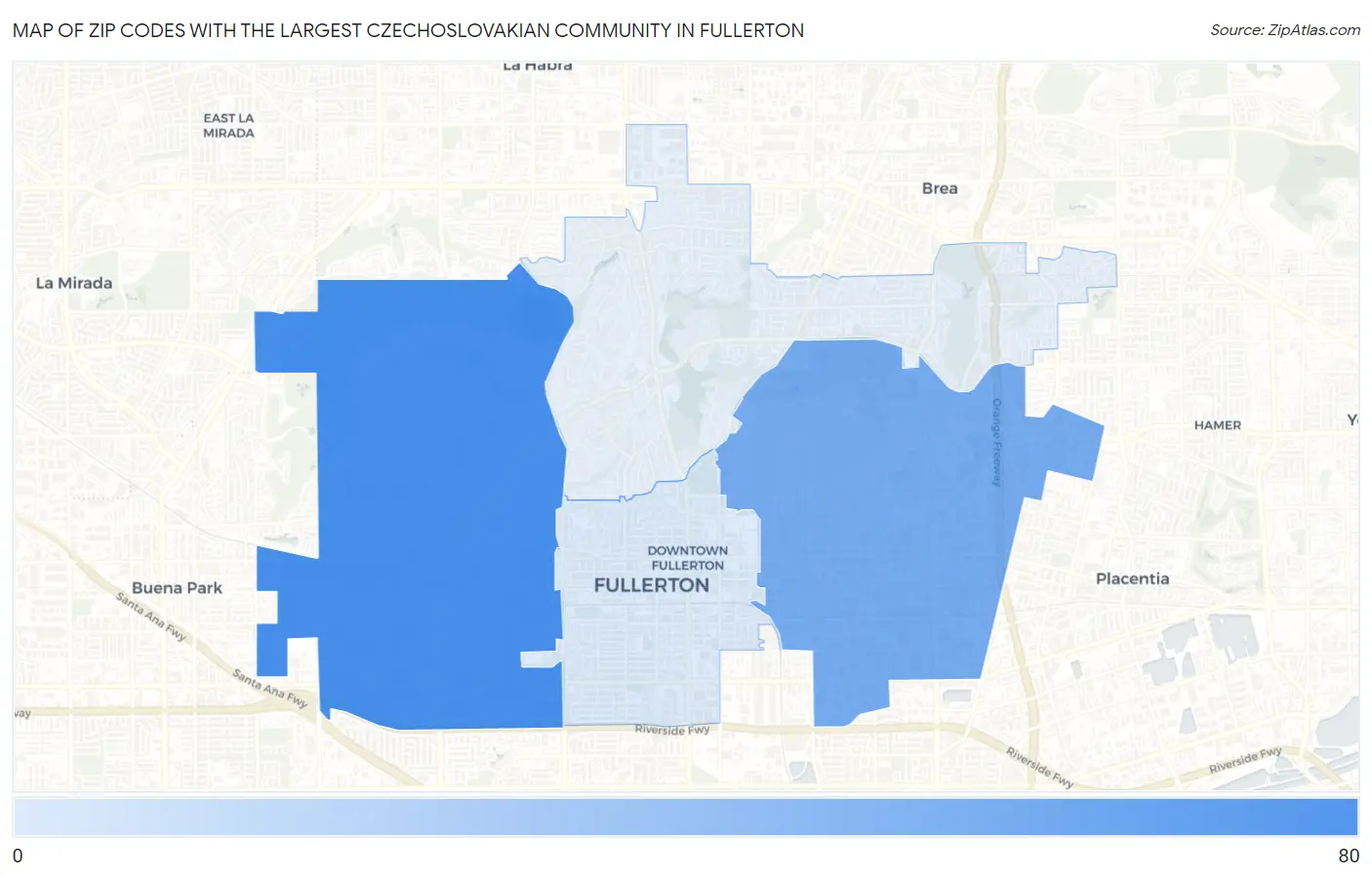 Zip Codes with the Largest Czechoslovakian Community in Fullerton Map