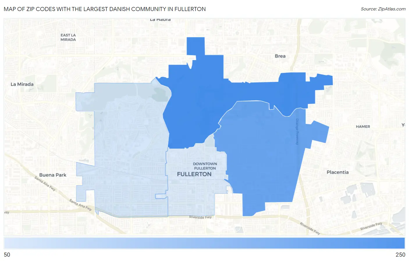 Zip Codes with the Largest Danish Community in Fullerton Map