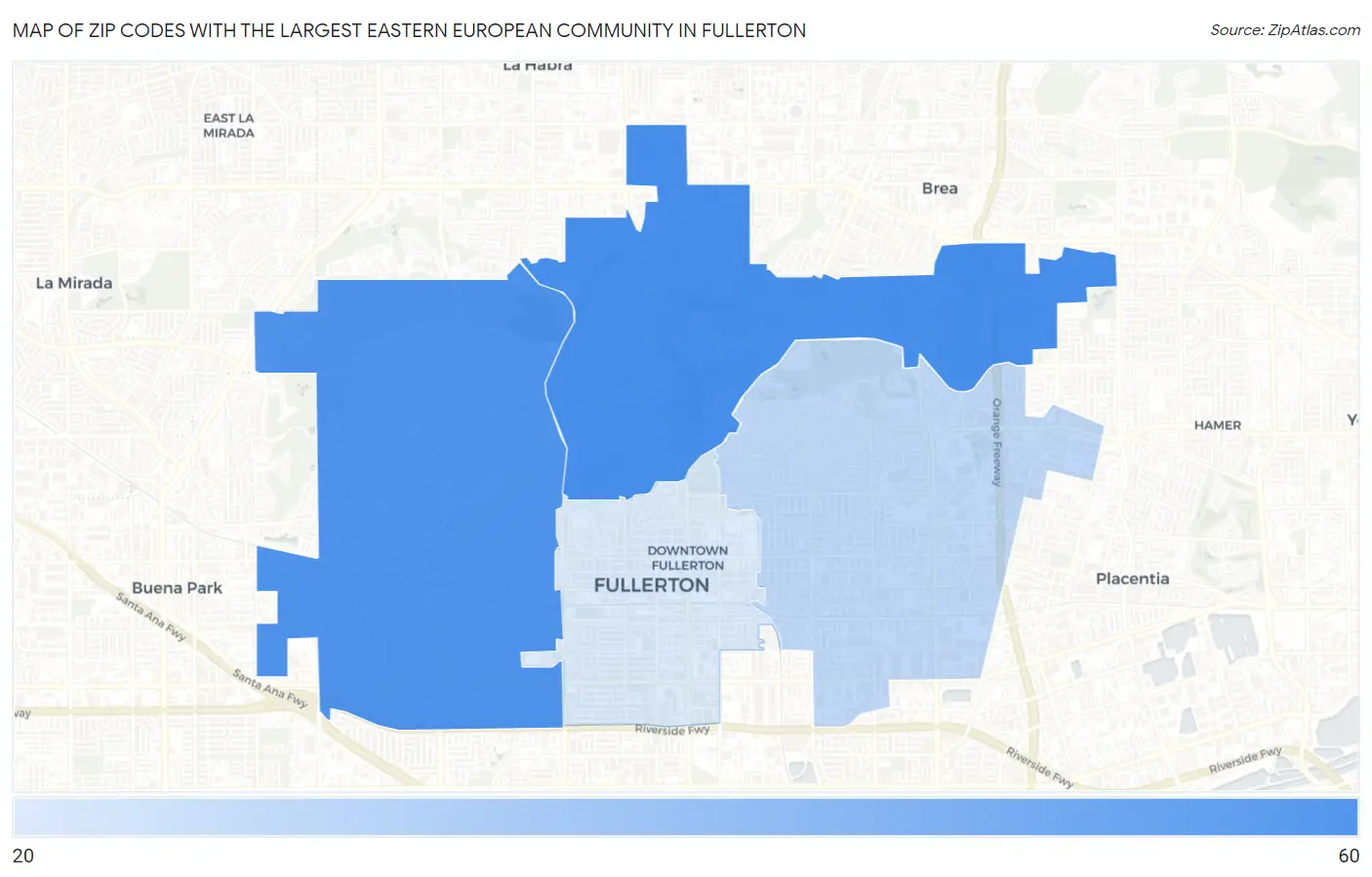 Zip Codes with the Largest Eastern European Community in Fullerton Map