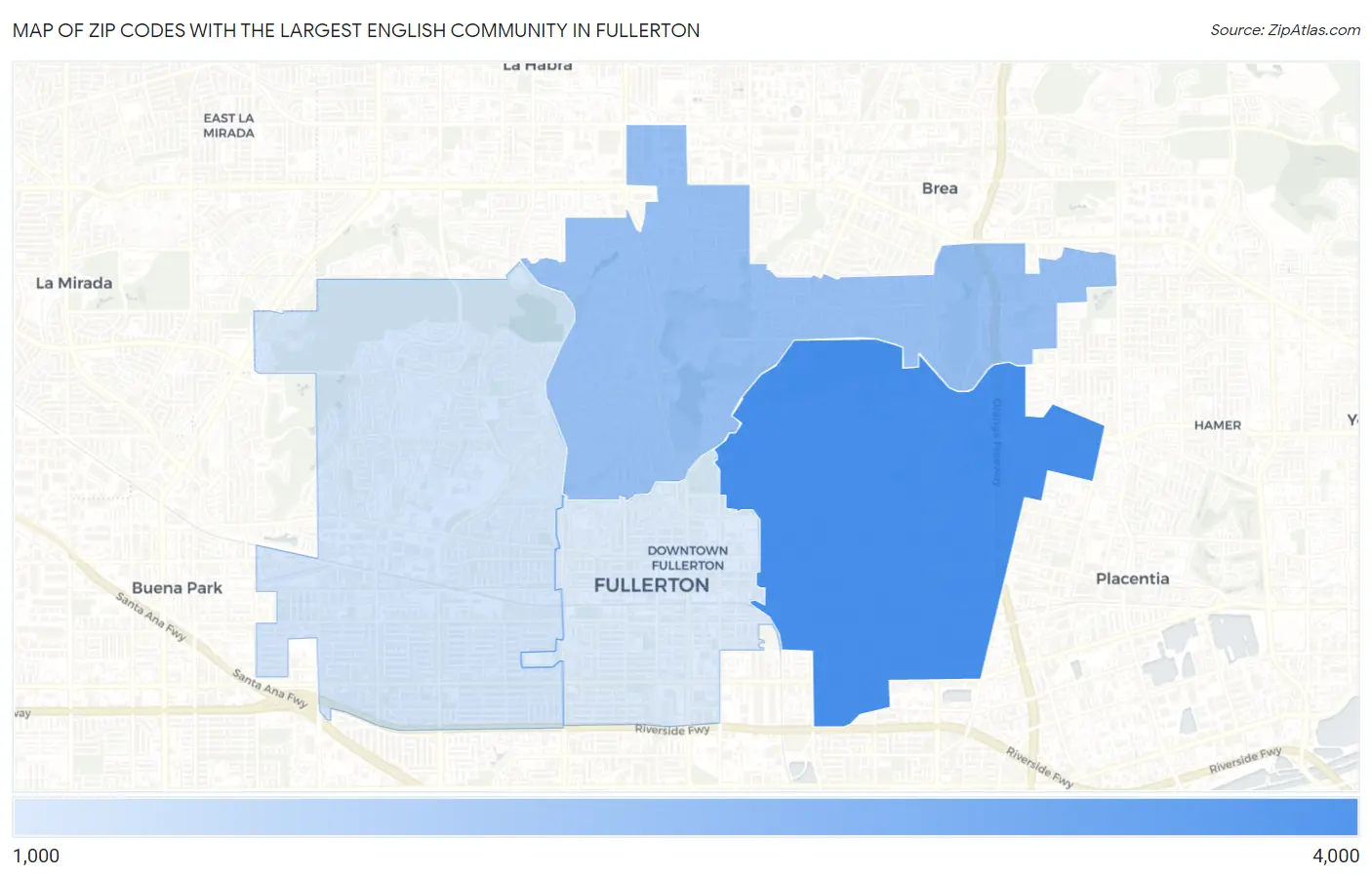 Zip Codes with the Largest English Community in Fullerton Map