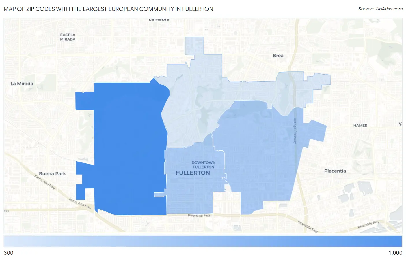 Zip Codes with the Largest European Community in Fullerton Map