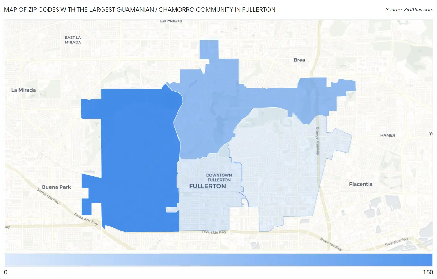 Zip Codes with the Largest Guamanian / Chamorro Community in Fullerton Map