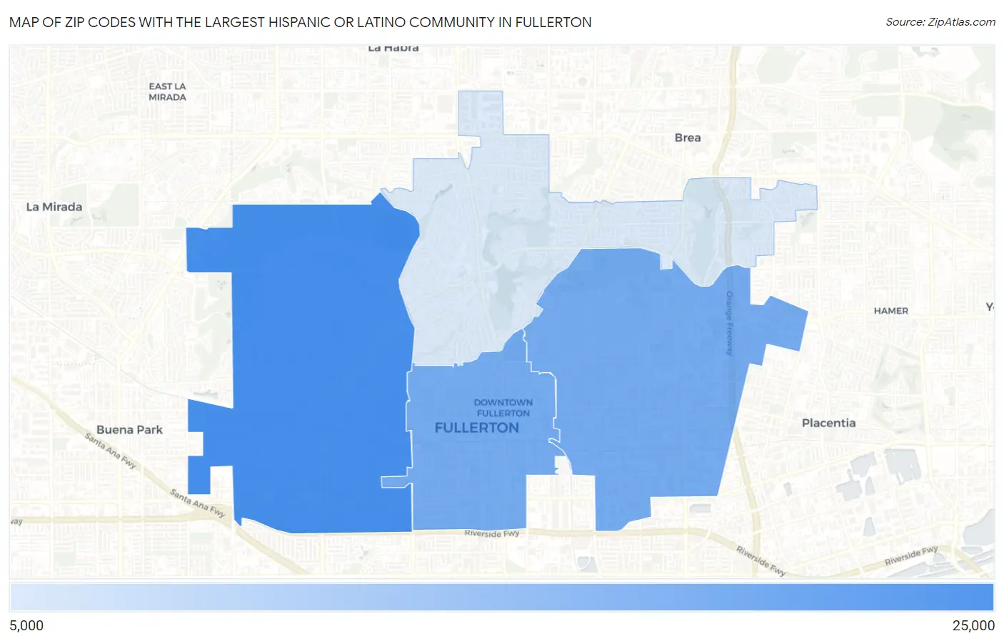 Zip Codes with the Largest Hispanic or Latino Community in Fullerton Map