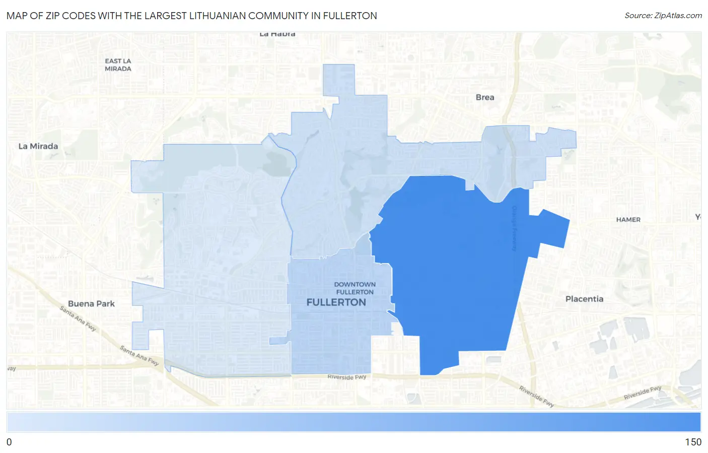 Zip Codes with the Largest Lithuanian Community in Fullerton Map