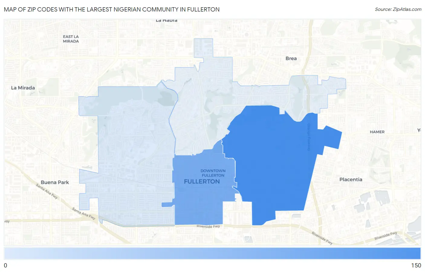 Zip Codes with the Largest Nigerian Community in Fullerton Map